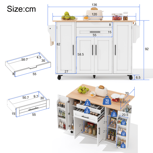 Ilha de cozinha móvel 120x45 cm - Superfície extensível, gaveta para utensílios, prateleiras ajustáveis - Branco + Natural