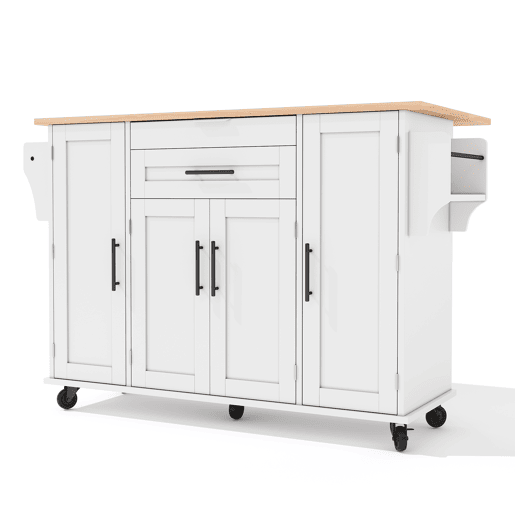 Ilha de cozinha móvel 120x45 cm - Superfície extensível, gaveta para utensílios, prateleiras ajustáveis - Branco + Natural