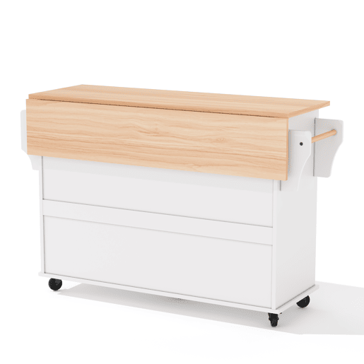 Ilha de cozinha móvel 120x45 cm - Superfície extensível, gaveta para utensílios, prateleiras ajustáveis - Branco + Natural