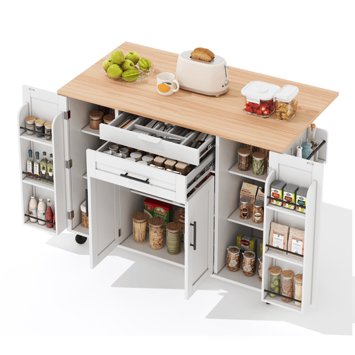 Ilha de cozinha móvel 120x45 cm - Superfície extensível, gaveta para utensílios, prateleiras ajustáveis - Branco + Natural