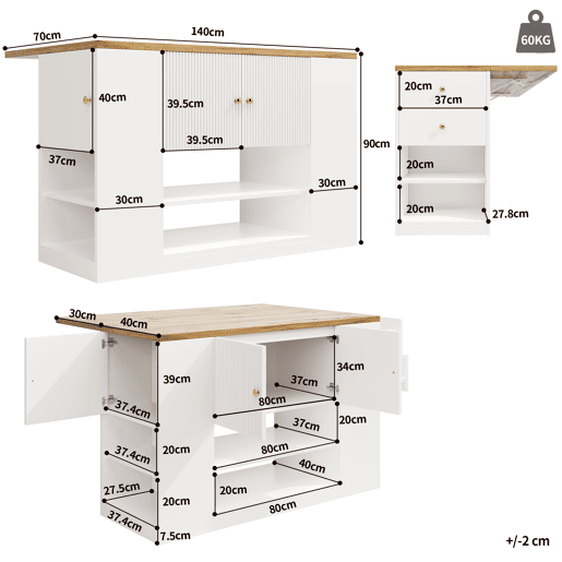 Ilha de cozinha moderna 140x70x90 cm - Com gavetas, prateleiras e armários - Branco Ilha de cozinha moderna 140x70x90 cm - Com gavetas, prateleiras e armários - Branco