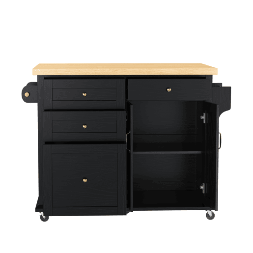Ilha de cozinha móvel - com rodas, mesa extensível e gavetas - preta Ilha de cozinha móvel - com rodas, mesa extensível e gavetas - preta