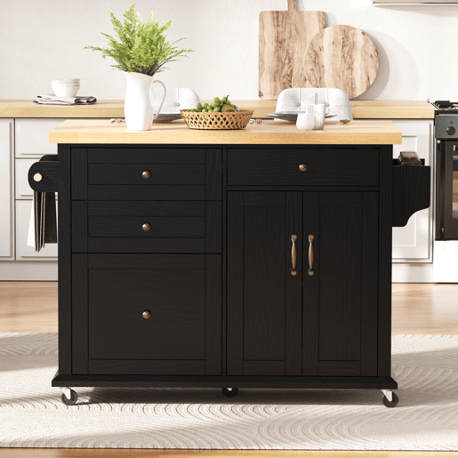 Ilha de cozinha móvel - com rodas, mesa extensível e gavetas - preta Ilha de cozinha móvel - com rodas, mesa extensível e gavetas - preta