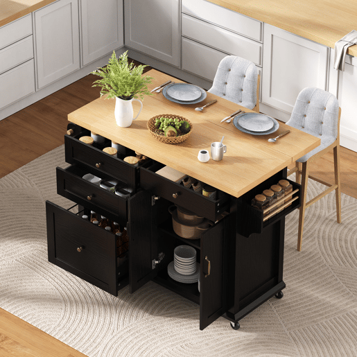 Ilha de cozinha móvel - com rodas, mesa extensível e gavetas - preta Ilha de cozinha móvel - com rodas, mesa extensível e gavetas - preta