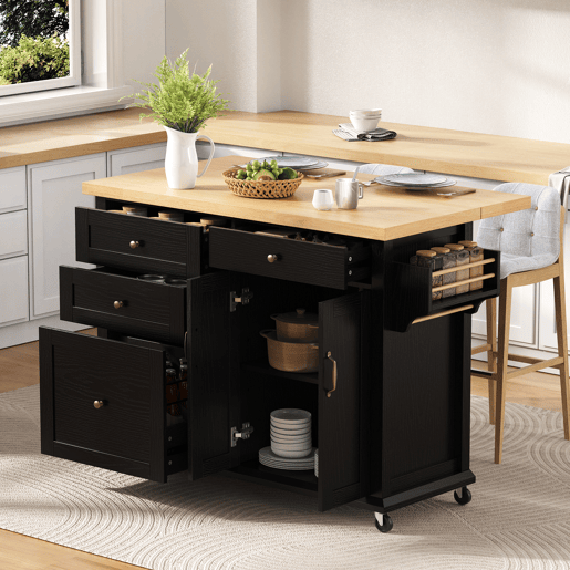Ilha de cozinha móvel - com rodas, mesa extensível e gavetas - preta Ilha de cozinha móvel - com rodas, mesa extensível e gavetas - preta
