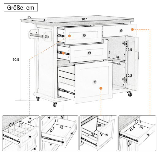 Ilha de cozinha móvel - com rodas, mesa extensível e gavetas - preta Ilha de cozinha móvel - com rodas, mesa extensível e gavetas - preta
