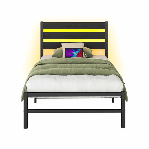 Cama individual 90x200 cm - com cabeceira, estrutura metálica, porta USB, luz LED, espaço de arrumação na parte inferior, sem colchão, silenciosa, fácil de montar - preta
