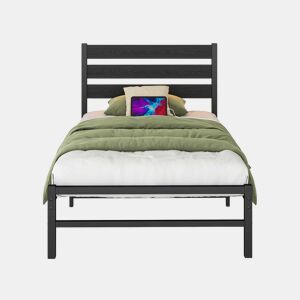 Cama individual 90x200 cm - com cabeceira, estrutura metálica, porta USB, luz LED, espaço de arrumação na parte inferior, sem colchão, silenciosa, fácil de montar - preta