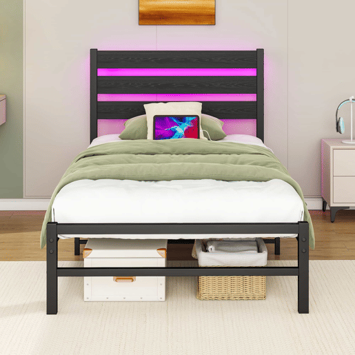 Cama individual 90x200 cm - com cabeceira, estrutura metálica, porta USB, luz LED, espaço de arrumação na parte inferior, sem colchão, silenciosa, fácil de montar - preta