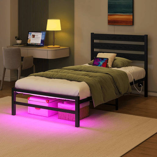 Cama individual 90x200 cm - com cabeceira, estrutura metálica, porta USB, luz LED, espaço de arrumação na parte inferior, sem colchão, silenciosa, fácil de montar - preta