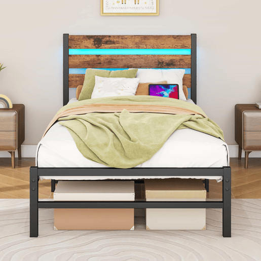 Cama individual 90x200 cm - com cabeceira, estrutura metálica, luz LED e porta USB, espaço de arrumação na parte inferior, sem colchão, silenciosa, fácil de montar - castanho antigo