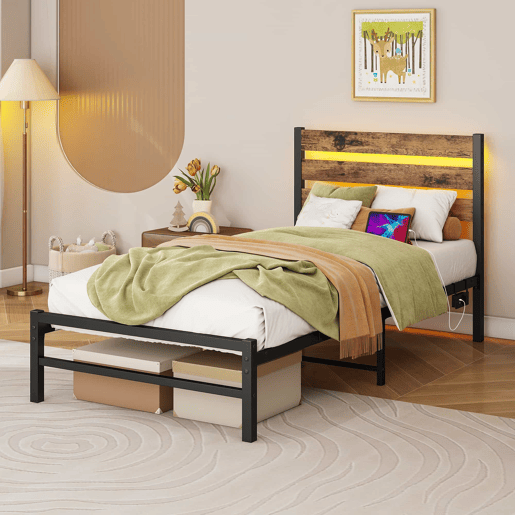 Cama individual 90x200 cm - com cabeceira, estrutura metálica, luz LED e porta USB, espaço de arrumação na parte inferior, sem colchão, silenciosa, fácil de montar - castanho antigo