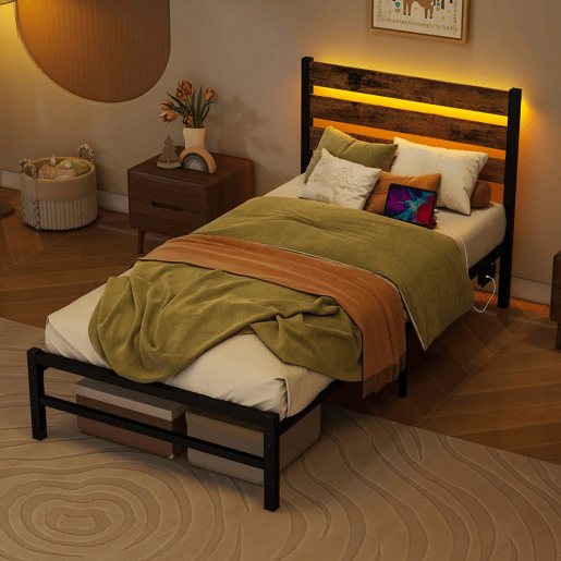 Cama individual 90x200 cm - com cabeceira, estrutura metálica, luz LED e porta USB, espaço de arrumação na parte inferior, sem colchão, silenciosa, fácil de montar - castanho antigo