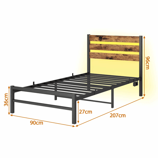 Cama individual 90x200 cm - com cabeceira, estrutura metálica, luz LED e porta USB, espaço de arrumação na parte inferior, sem colchão, silenciosa, fácil de montar - castanho antigo
