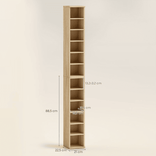 HOMCOM Estante para CD ou DVD Suporte para CD com 12 Compartimentos para 204 CDs e Prateleira Ajustável para Sala de Estar Dormitório Escritório 2 Unidades 21x22,5x88,5 cm Madeira