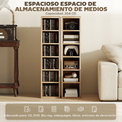 HOMCOM Estante para CD ou DVD Suporte para CD com 12 Compartimentos para 204 CDs e Prateleira Ajustável para Sala de Estar Dormitório Escritório 2 Unidades 21x22,5x88,5 cm Madeira