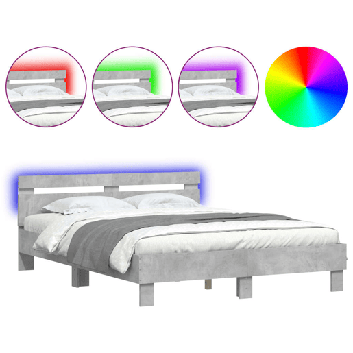 Estrutura de cama de casal cabeceira e luzes LED - 150x200cm cinzento cimento