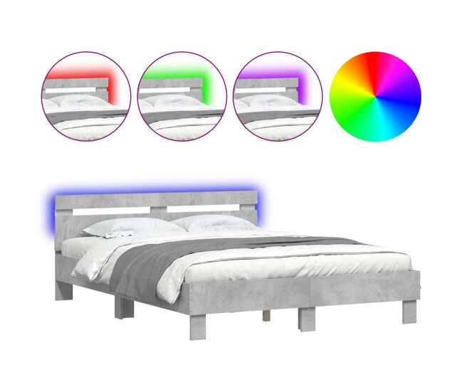 Estructura de cama matrimonial moderno con cabecero y luces led gris hormigón 150x200cm