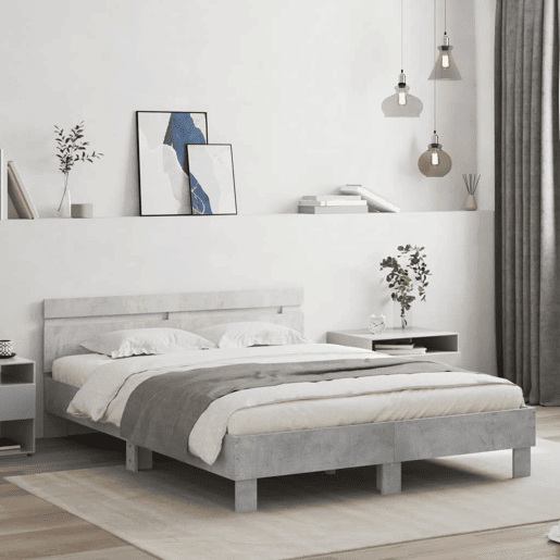 Estrutura de cama de casal cabeceira e luzes LED - 150x200cm cinzento cimento