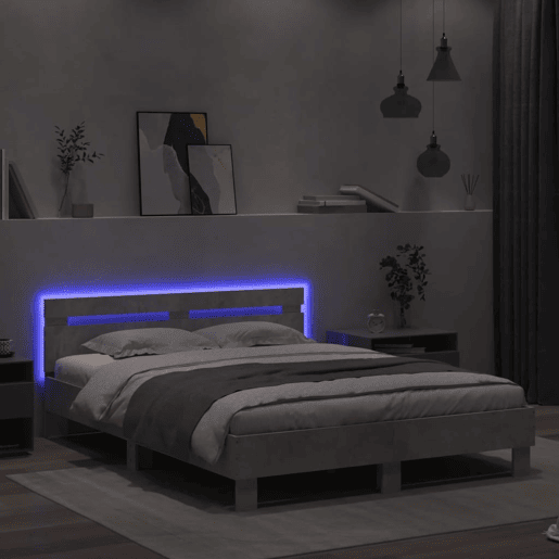 Estrutura de cama de casal cabeceira e luzes LED - 150x200cm cinzento cimento