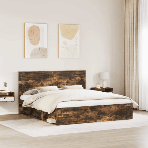 Estrutura de cama de casal com cabeceira - Carvalho Defumado 180 x 200 cm