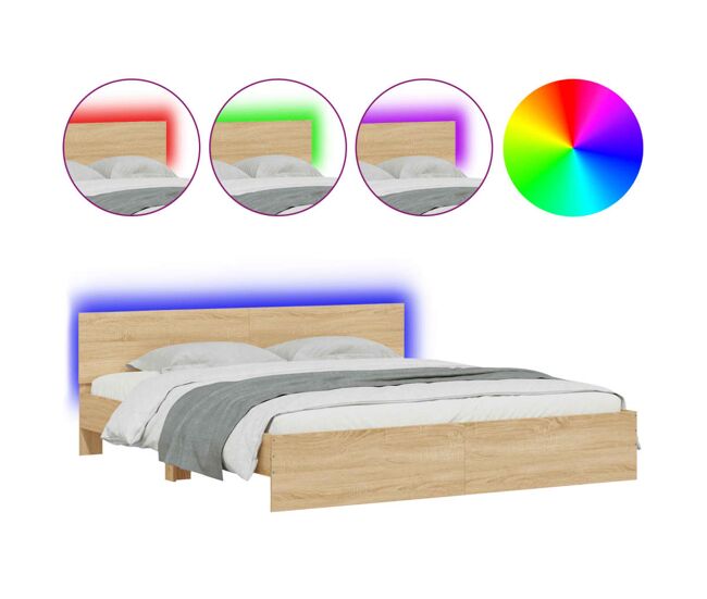 Estructura de cama doble matrimonial king size - cabecero y luces led roble sonoma 200x200 cm
