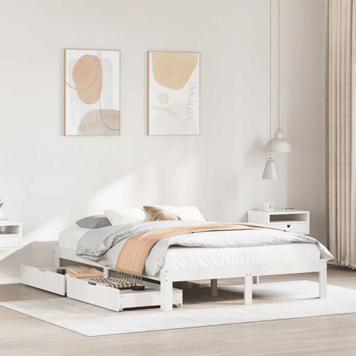 Estrutura De Cama De Casal Moderno c gavetas - 140x200 cm pinho maciço branco Estrutura De Cama De Casal Moderno c gavetas - 140x200 cm pinho maciço branco