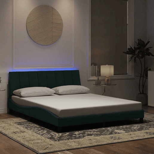 Estrutura de cama de casal moderno com LED - 160x200 cm veludo verde-escuro