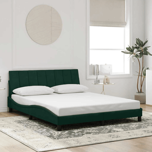 Estrutura de cama de casal moderno com LED - 160x200 cm veludo verde-escuro