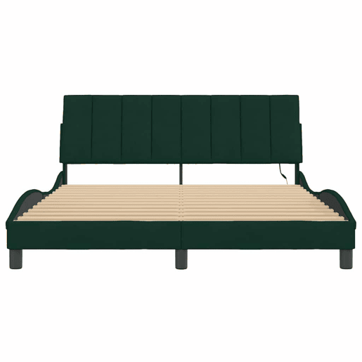 Estrutura de cama de casal moderno com LED - 160x200 cm veludo verde-escuro