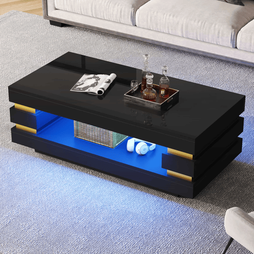 Mesa de centro 100 x 50 x 35 cm - com espaço de arrumação, acabamento de alto brilho, iluminação LED - preta