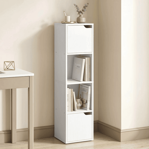 HOMCOM Estante para Livros com 2 Portas Estante Estreita de 4 Níveis com 2 Prateleiras Abertas Armário Alto para Sala Escritório 30x29x119 cm Branco