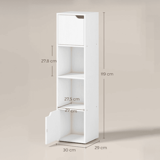 HOMCOM Estante para Livros com 2 Portas Estante Estreita de 4 Níveis com 2 Prateleiras Abertas Armário Alto para Sala Escritório 30x29x119 cm Branco