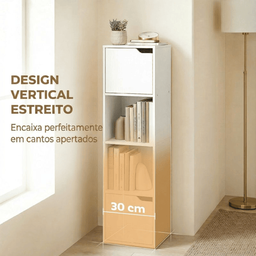 HOMCOM Estante para Livros com 2 Portas Estante Estreita de 4 Níveis com 2 Prateleiras Abertas Armário Alto para Sala Escritório 30x29x119 cm Branco