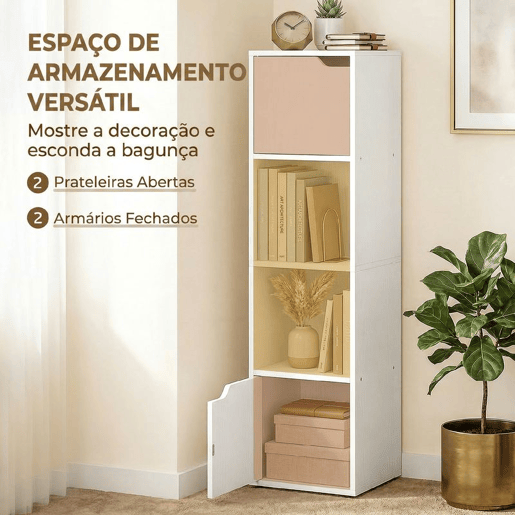 HOMCOM Estante para Livros com 2 Portas Estante Estreita de 4 Níveis com 2 Prateleiras Abertas Armário Alto para Sala Escritório 30x29x119 cm Branco