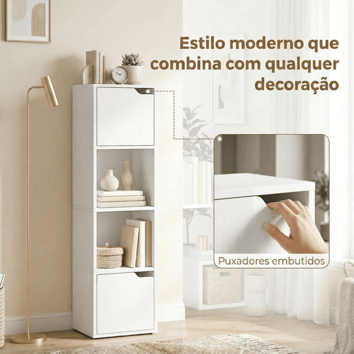 HOMCOM Estante para Livros com 2 Portas Estante Estreita de 4 Níveis com 2 Prateleiras Abertas Armário Alto para Sala Escritório 30x29x119 cm Branco