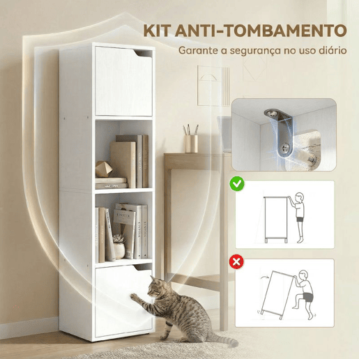 HOMCOM Estante para Livros com 2 Portas Estante Estreita de 4 Níveis com 2 Prateleiras Abertas Armário Alto para Sala Escritório 30x29x119 cm Branco