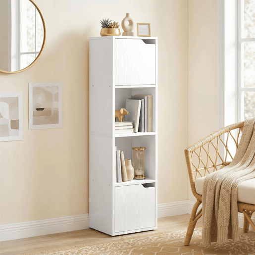 HOMCOM Estante para Livros com 2 Portas Estante Estreita de 4 Níveis com 2 Prateleiras Abertas Armário Alto para Sala Escritório 30x29x119 cm Branco