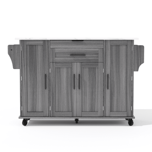 Ilha de cozinha móvel 120x45 cm - com superfície extensível até 70 cm, gaveta para utensílios, prateleiras ajustáveis, prateleira para especiarias, suporte para toalhas - Cinza