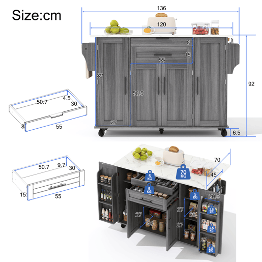 Ilha de cozinha móvel 120x45 cm - com superfície extensível até 70 cm, gaveta para utensílios, prateleiras ajustáveis, prateleira para especiarias, suporte para toalhas - Cinza