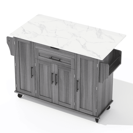 Ilha de cozinha móvel 120x45 cm - com superfície extensível até 70 cm, gaveta para utensílios, prateleiras ajustáveis, prateleira para especiarias, suporte para toalhas - Cinza