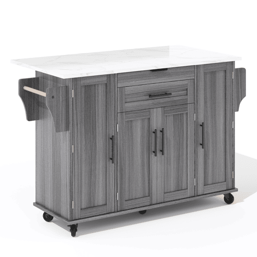 Ilha de cozinha móvel 120x45 cm - com superfície extensível até 70 cm, gaveta para utensílios, prateleiras ajustáveis, prateleira para especiarias, suporte para toalhas - Cinza