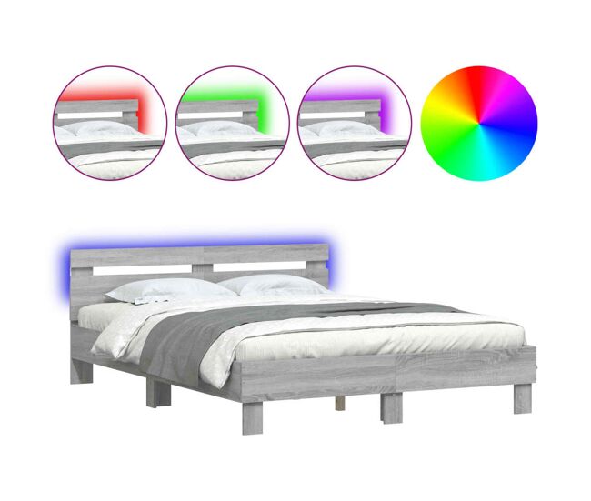 Estructura de cama matrimonial moderno con cabecero y luces led gris sonoma 150x200 cm