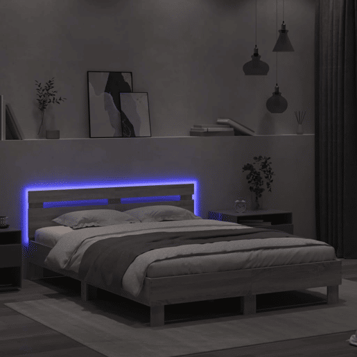 Estrutura de cama de casal c cabeceiraluzes LED - 150x200cm cinzento sonoma