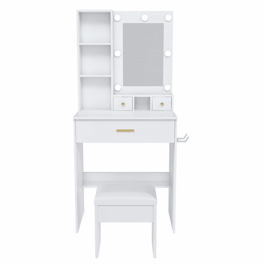 Mesa de maquilhagem 60x131,5 - Espelho, iluminação LED regulável, tomada, suporte para secador e banco almofadado - Branco