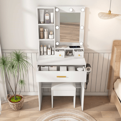 Mesa de maquilhagem 60x131,5 - Espelho, iluminação LED regulável, tomada, suporte para secador e banco almofadado - Branco