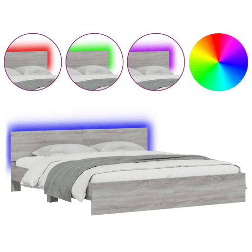 Estrutura de cama de casal c cabeceiraluzes LED - 200x200cm cinzento sonoma