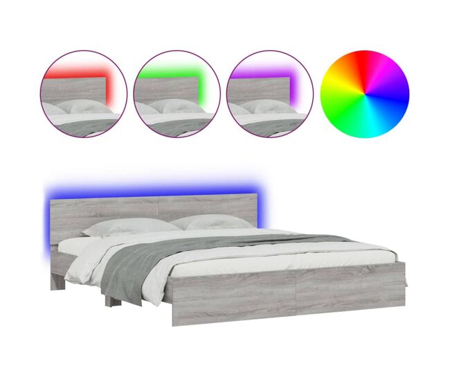 Estructura de cama matrimonial moderno con cabecero y luces led gris sonoma 200x200 cm