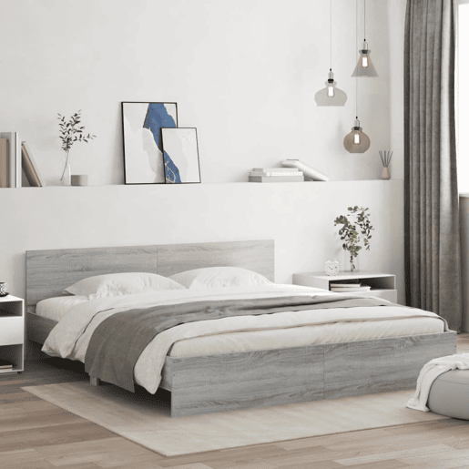 Estrutura de cama de casal c cabeceiraluzes LED - 200x200cm cinzento sonoma