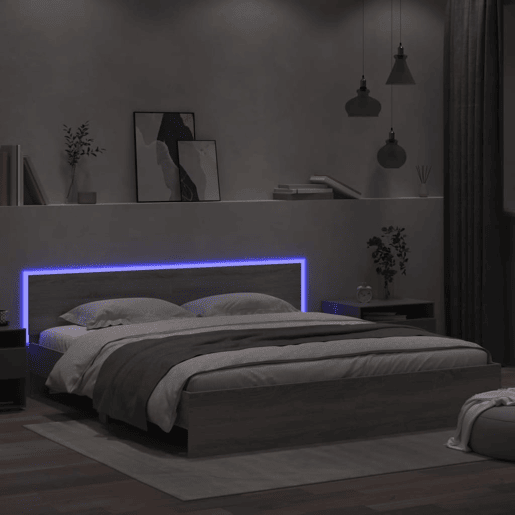Estrutura de cama de casal c cabeceiraluzes LED - 200x200cm cinzento sonoma